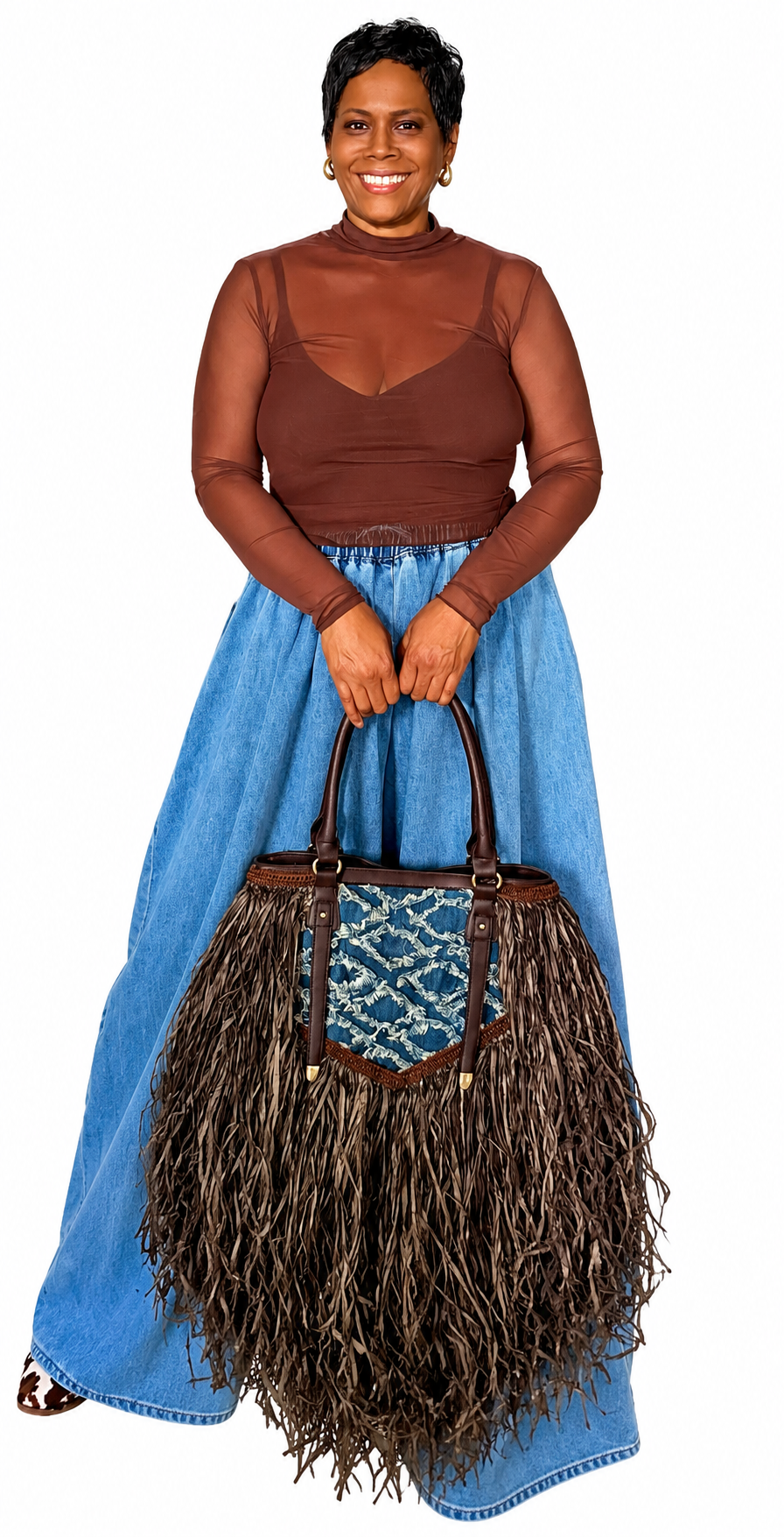 The Cocoa Denim Fringe Handbag