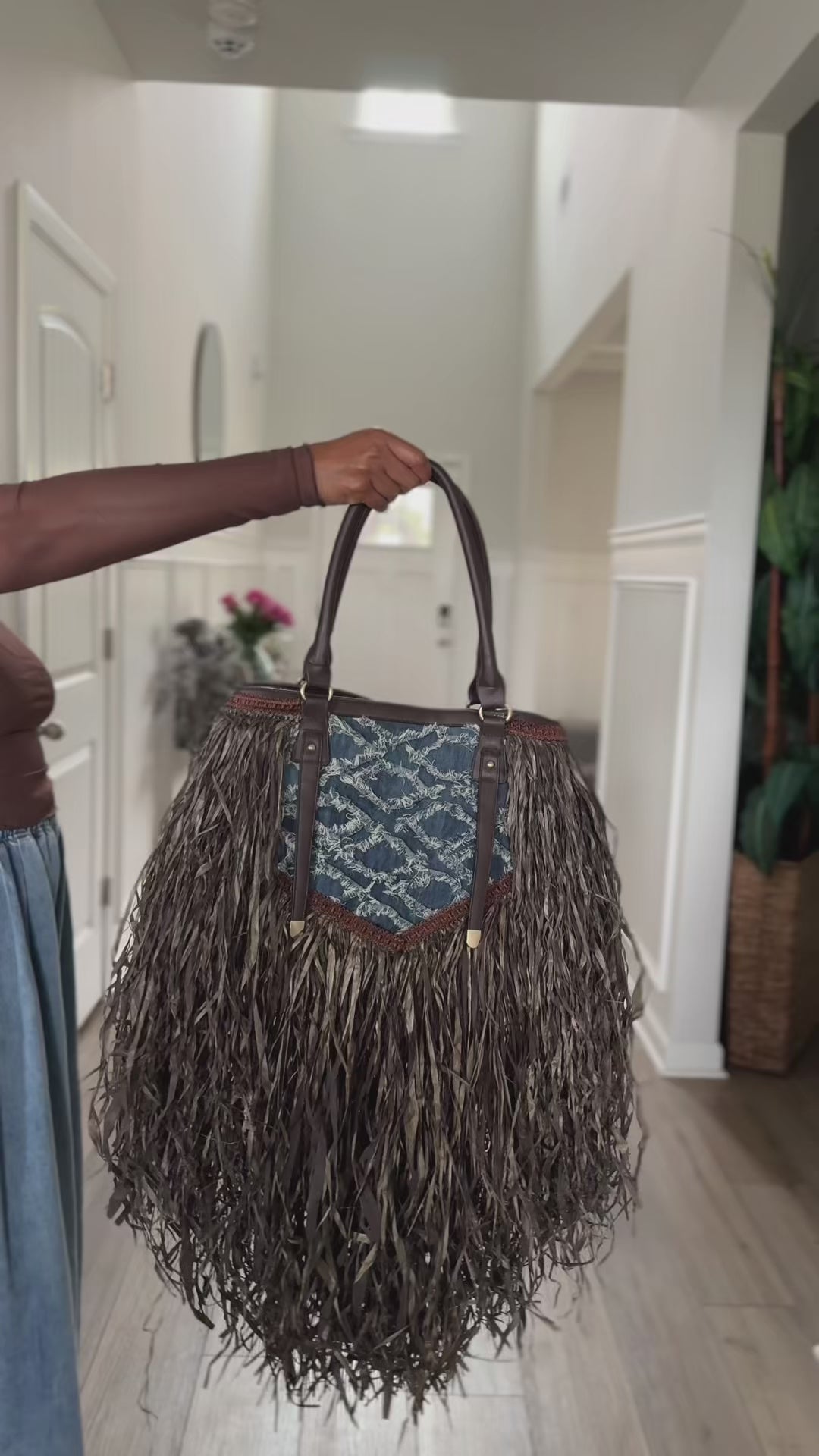 The Cocoa Denim Fringe Handbag